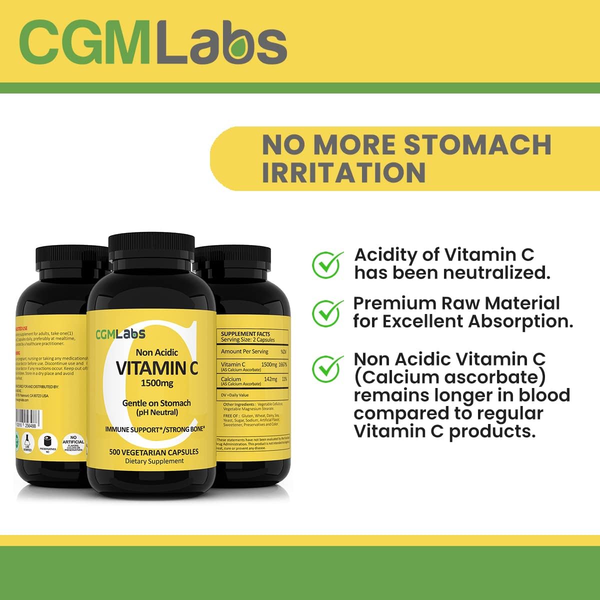CGMLABS Non-Acidic Vitamin C Dietary Supplement 1500mg with Calcium - Gentle on Stomach, Immune and Bone Support (500 Capsules)