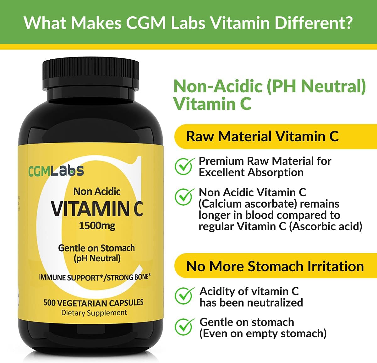 CGMLABS Non-Acidic Vitamin C Dietary Supplement 1500mg with Calcium - Gentle on Stomach, Immune and Bone Support (500 Capsules)