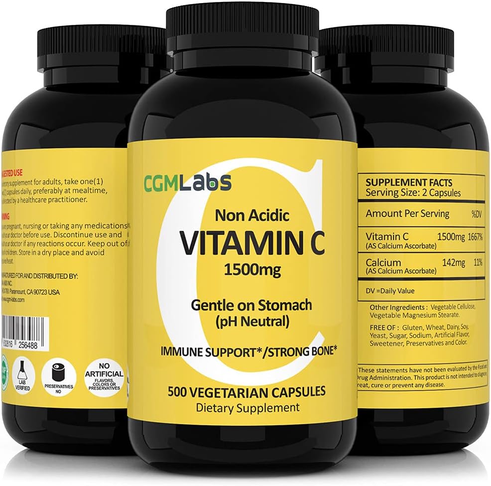 CGMLABS Non-Acidic Vitamin C Dietary Supplement 1500mg with Calcium - Gentle on Stomach, Immune and Bone Support (500 Capsules)