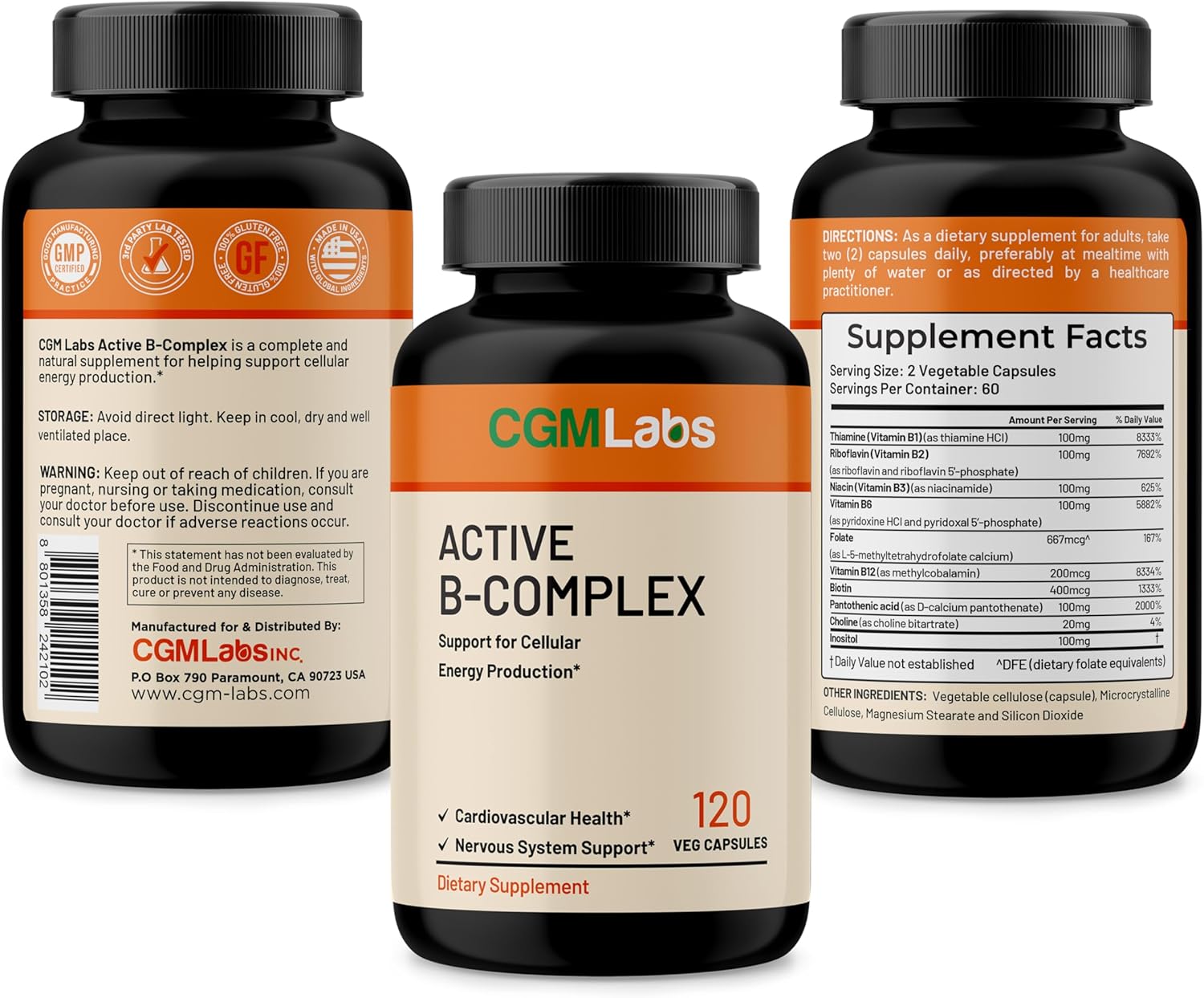 CGMLABS Vitamin B Complex - Active B1, B2, B3, B6, B12, Thiamine, Riboflavin, Niacin, Folate, Biotin, Pantothenic Acid, Inositol for Optimal Health