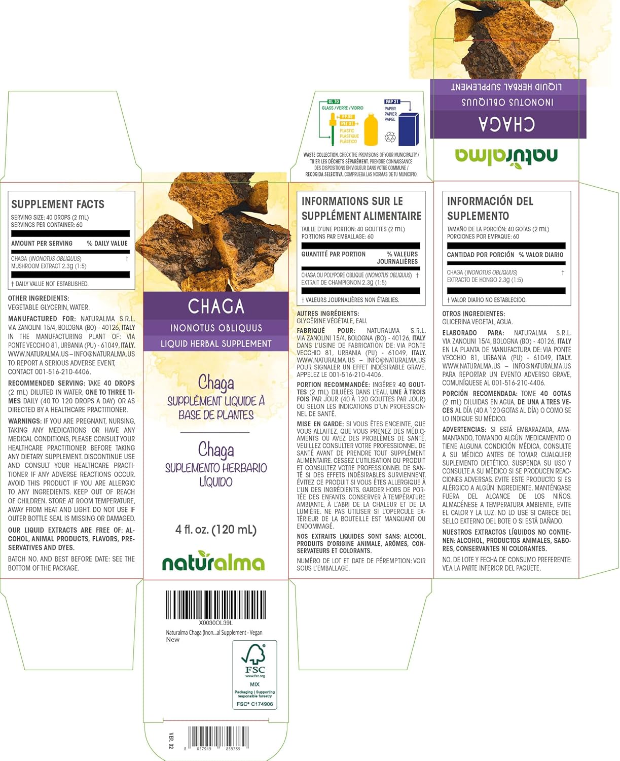 Chaga Mushroom Alcohol-Free Tincture - 4 fl oz Liquid Extract Drops - Herbal Supplement Vegan Friendly