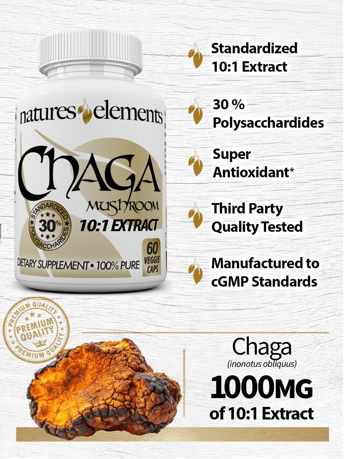 Chaga Mushroom Immune Support Supplement - Pack of 3 - High Antioxidant - 10:1 Extract - 30% Polysaccharides - 500mg Capsules - 3 Month Supply - BoostGo Australia