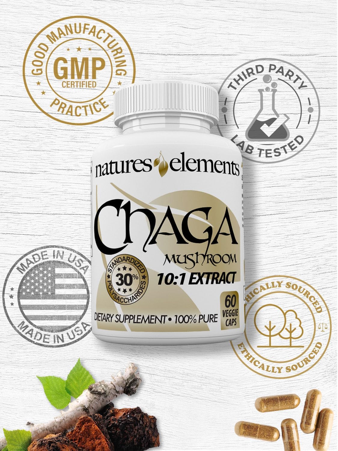 Chaga Mushroom Immune Support Supplement - Pack of 3 - High Antioxidant - 10:1 Extract - 30% Polysaccharides - 500mg Capsules - 3 Month Supply - BoostGo Australia