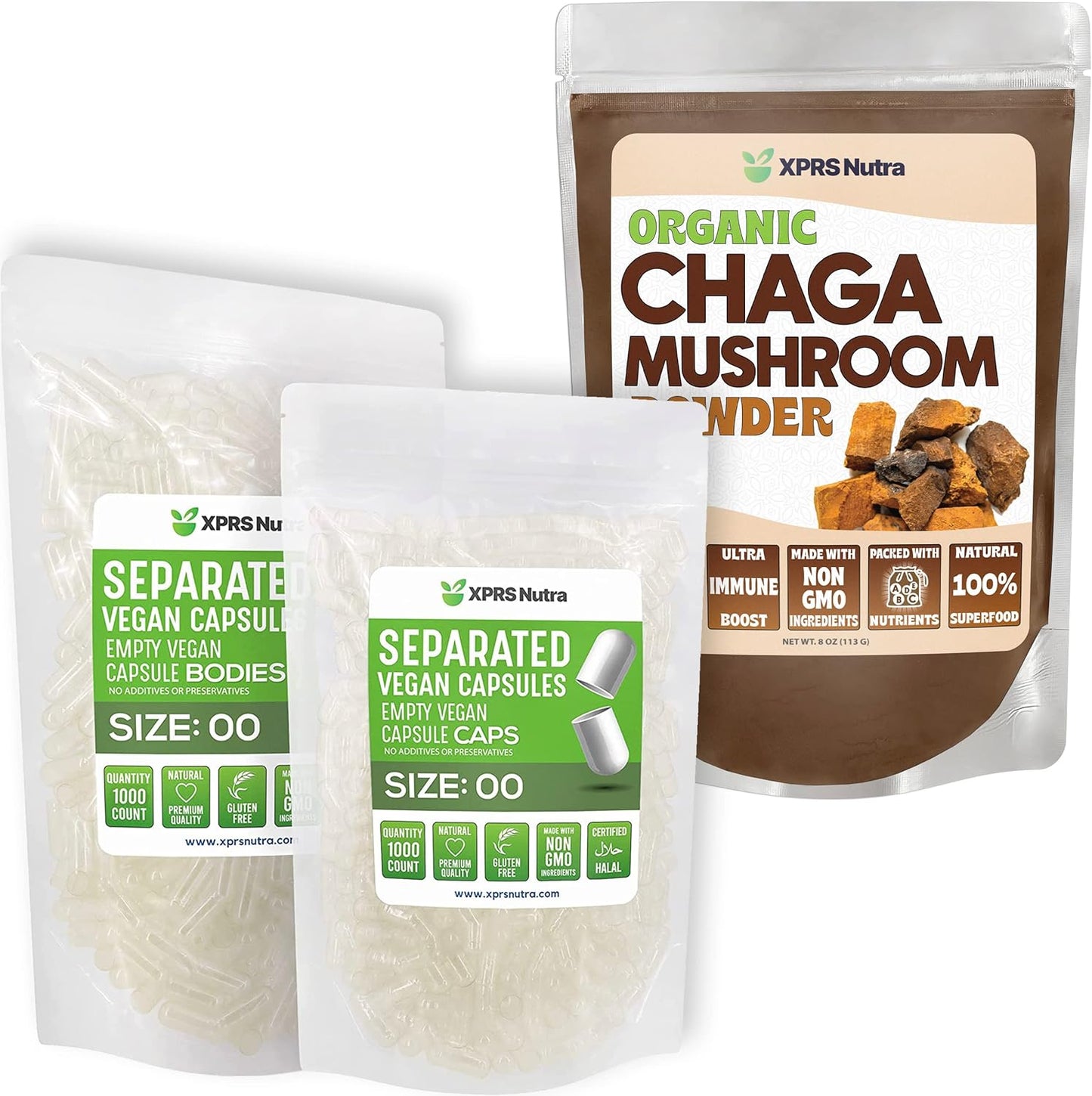 Chaga Powder Bundle with 1000 Count Size 00 XPRS Nutra Capsules