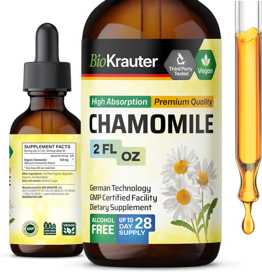 Chamomile Flowers Tincture with Apigenin for Relaxation and Calmness Support - Vegan and Sugar-Free Supplement - 2 Fl.Oz.