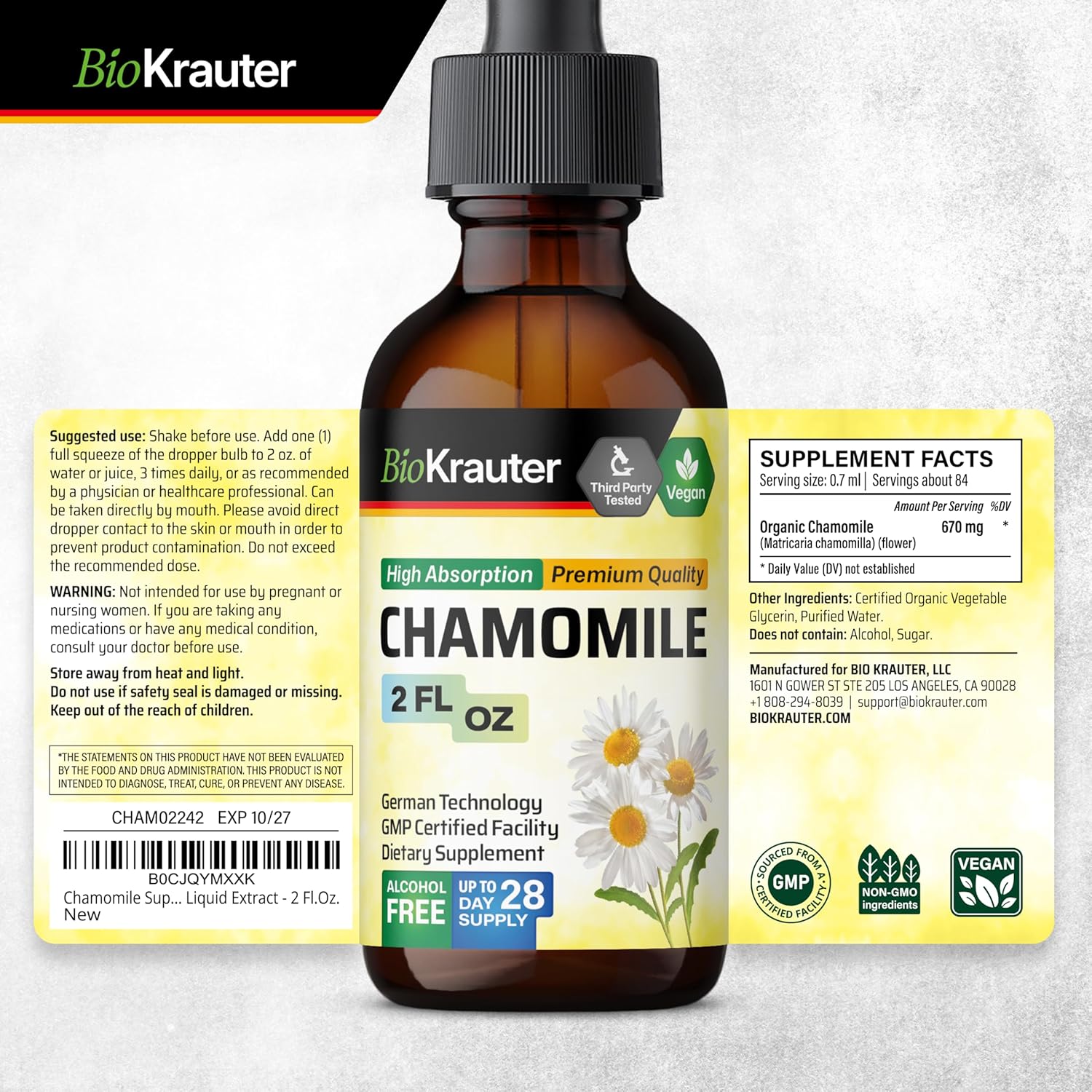 Chamomile Flowers Tincture with Apigenin for Relaxation and Calmness Support - Vegan and Sugar-Free Supplement - 2 Fl.Oz.