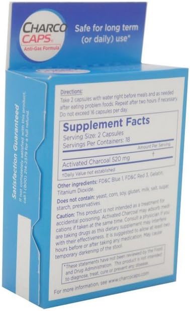Charcocaps 260 mg Capsules - 36 Count, Pack of 2 - Natural Detox and Gas Relief Supplement