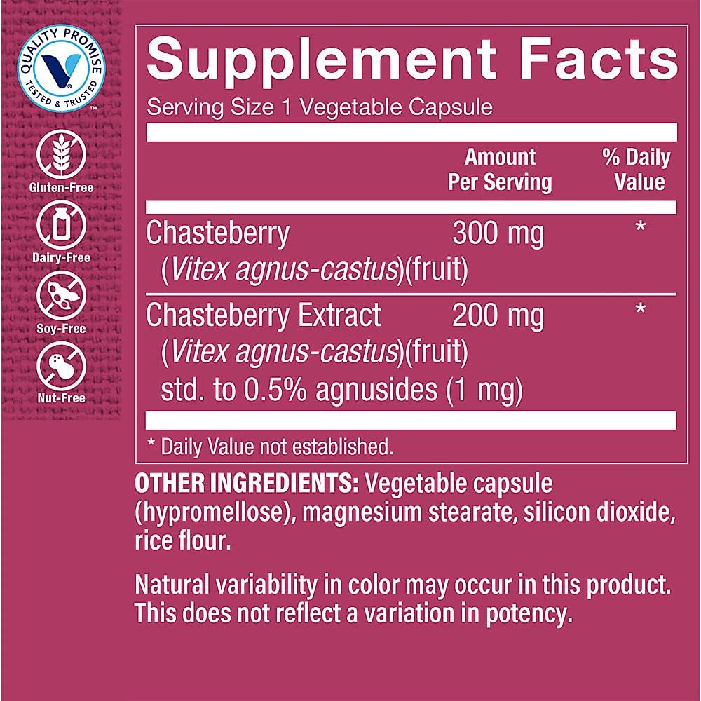 Chasteberry Extract Capsules for Women's Premenstrual Support - Vitex Agnus Supplement with 100 Veggie Caps