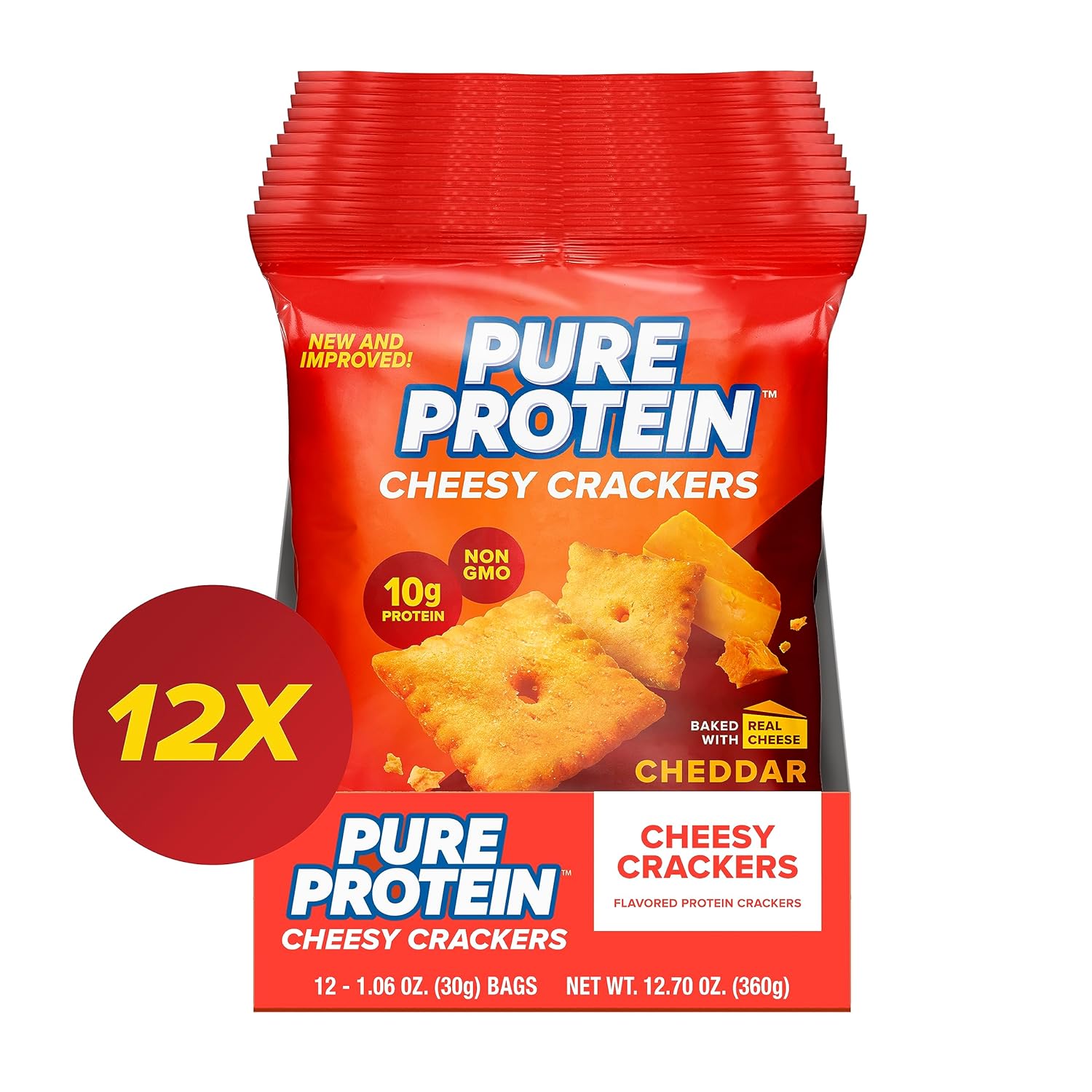 Cheddar Cheese High Protein Crackers, 10g Protein, 12 Pack, 1.06 oz - Healthy Snack