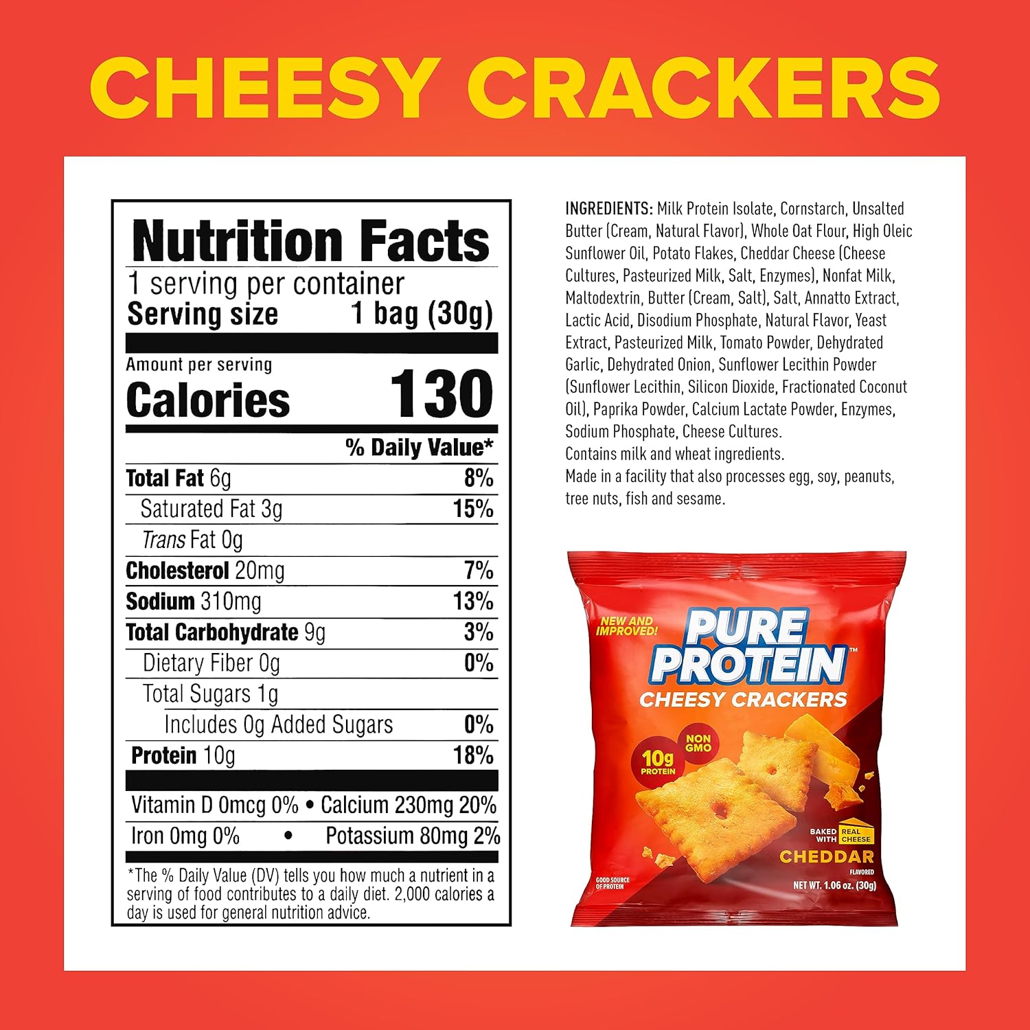 Cheddar Cheese High Protein Crackers, 10g Protein, 12 Pack, 1.06 oz - Healthy Snack