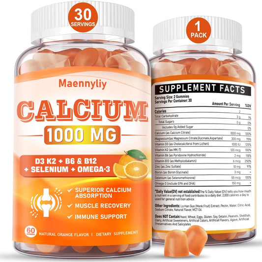 Chelated Calcium Gummies with Essential Vitamins & Minerals - 1000 mg Calcium Citrate Supplement for Bone, Muscle, and Immune Support - 60 Count