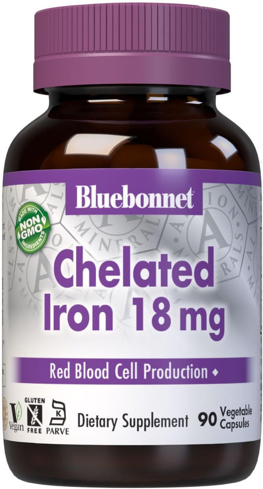 Chelated Iron 18 mg Supplement - Non-Constipating, Soy-Free, Gluten-Free, Non-GMO, Kosher, Dairy-Free, Vegan - 90 Vegetable Capsules