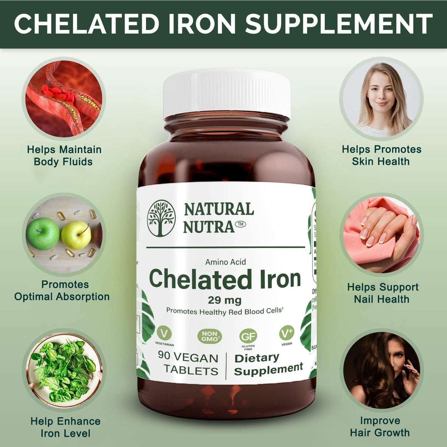 Chelated Iron Supplement for Men and Women - Promotes Healthy Nails, Hair Growth, and Skin - Gluten Free - 90 Tablets