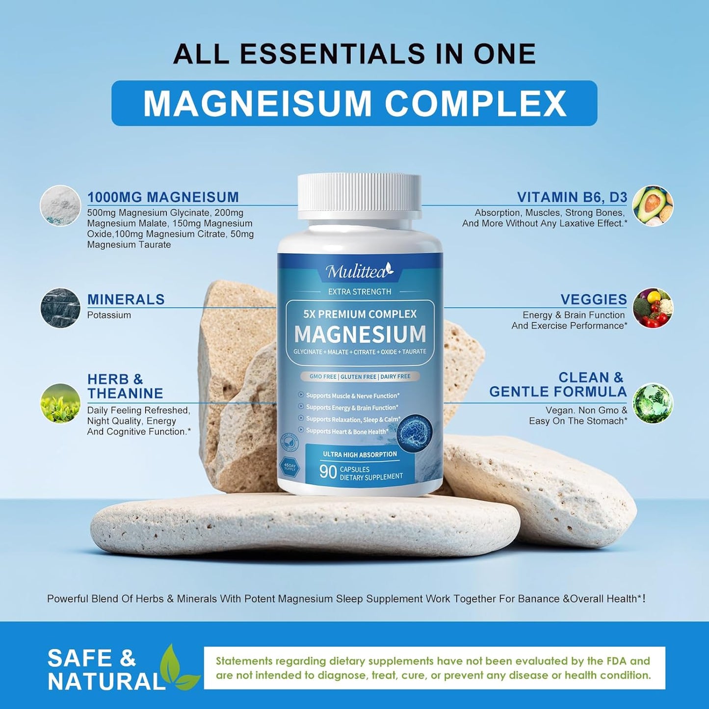 Chelated Magnesium Glycinate Complex with Herbal Extracts for Sleep, Muscle, Heart Health - 90 Capsules, Non-GMO, Vegan, Gluten-Free