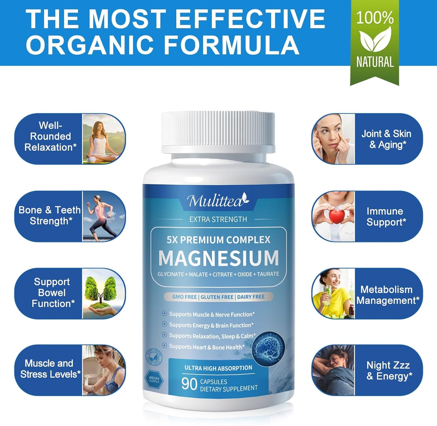 Chelated Magnesium Glycinate Complex with Herbal Extracts for Sleep, Muscle, Heart Health - 90 Capsules, Non-GMO, Vegan, Gluten-Free