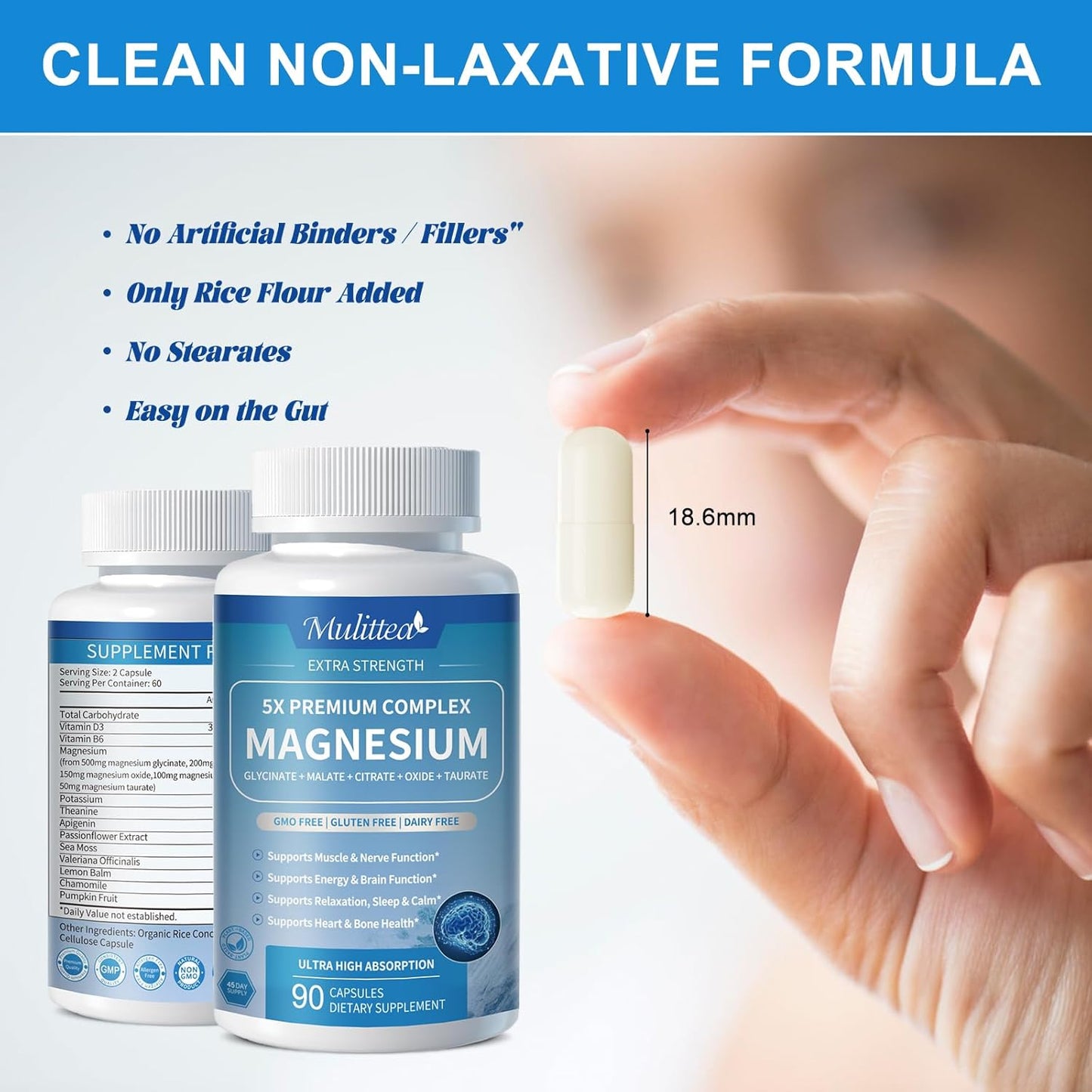 Chelated Magnesium Glycinate Complex with Herbal Extracts for Sleep, Muscle, Heart Health - 90 Capsules, Non-GMO, Vegan, Gluten-Free
