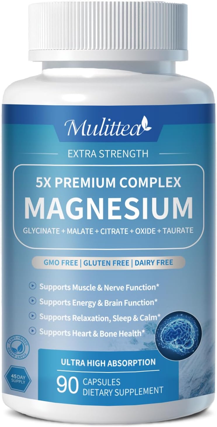 Chelated Magnesium Glycinate Complex with Herbal Extracts for Sleep, Muscle, Heart Health - 90 Capsules, Non-GMO, Vegan, Gluten-Free