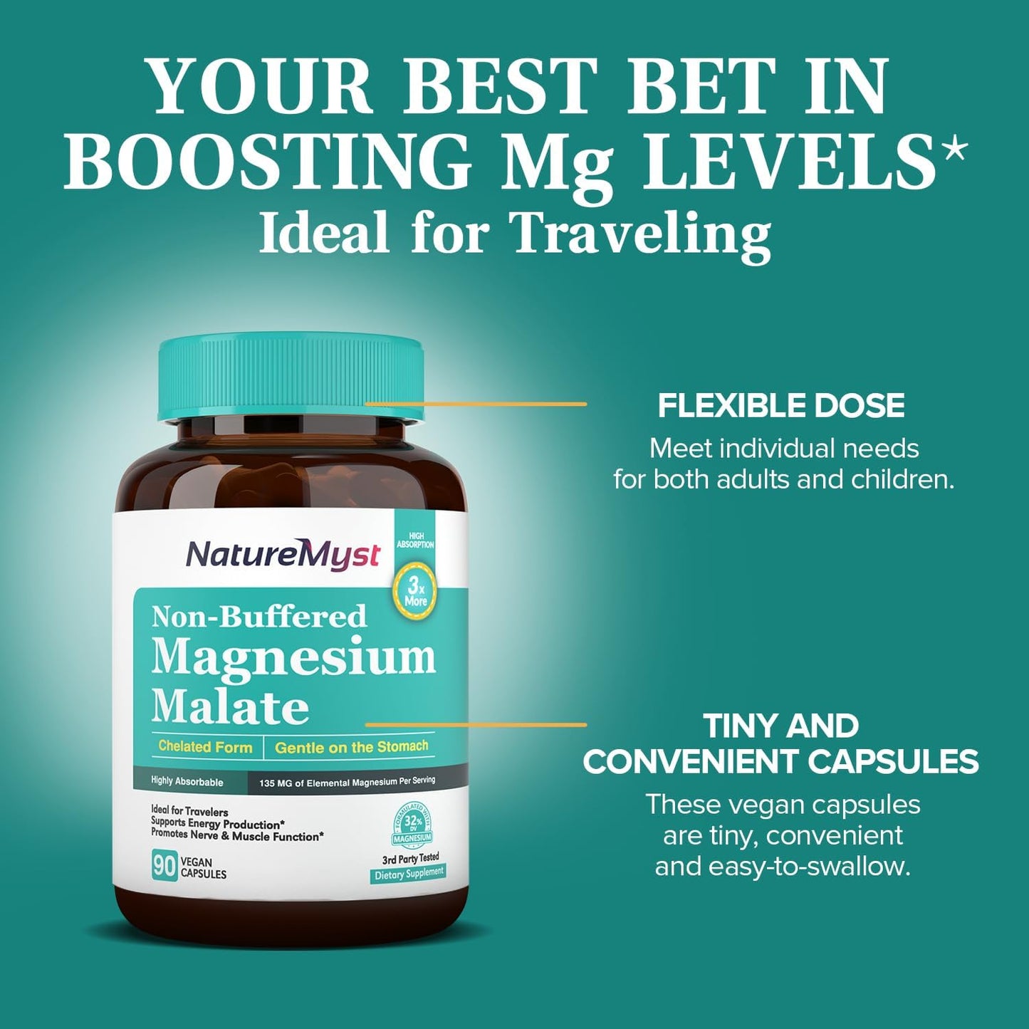 Chelated Magnesium Malate Capsules for Energy & Muscle Function, Non-Buffered, Highly Absorbable, Gentle on Stomach - 90 Vegan Capsules