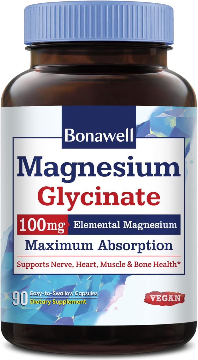 Chelated Magnesium Supplement for Nerve, Heart, Muscle Health - 100mg Elemental Magnesium - 90 Vegan Capsules