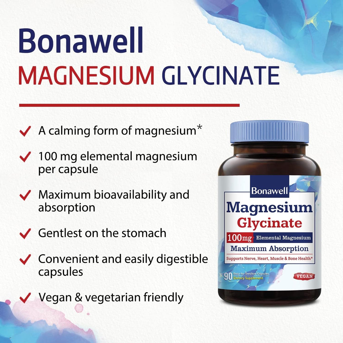 Chelated Magnesium Supplement for Nerve, Heart, Muscle Health - 100mg Elemental Magnesium - 90 Vegan Capsules