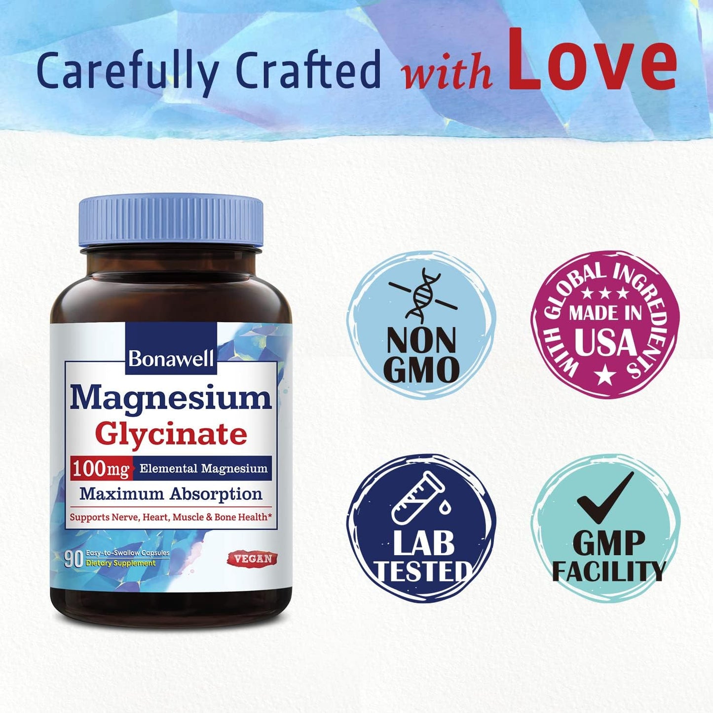 Chelated Magnesium Supplement for Nerve, Heart, Muscle Health - 100mg Elemental Magnesium - 90 Vegan Capsules