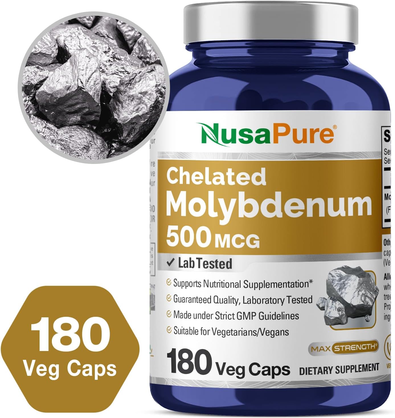 Chelated Molybdenum 500 mcg - 180 Vegan Capsules (Non-GMO) by NusaPure