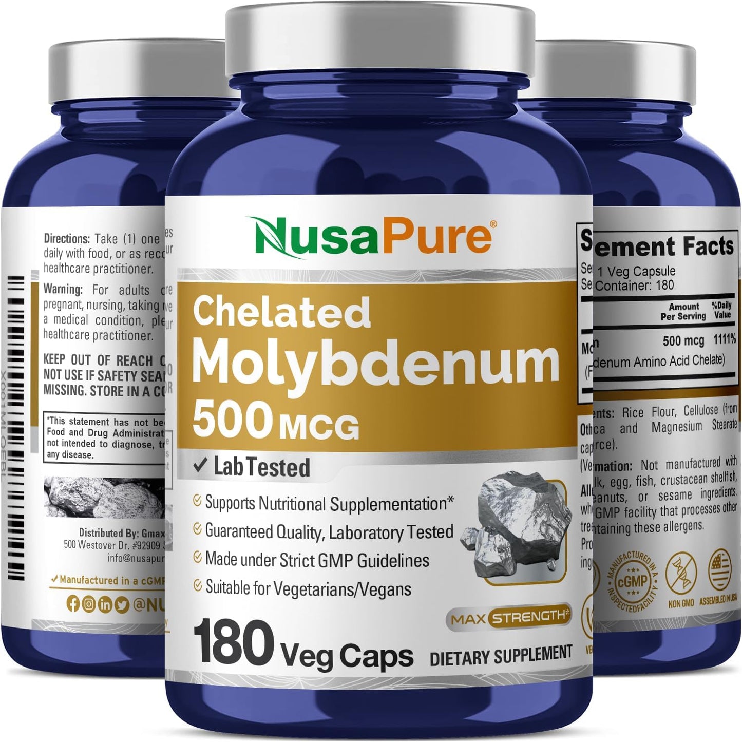 Chelated Molybdenum 500 mcg - 180 Vegan Capsules (Non-GMO) by NusaPure