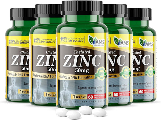 Chelated Zinc 50mg Immune Booster & Antioxidant Supplement (5 Pack, 60 Tablets) for Adults - Highly Absorbable Mineral, Mood & Sleep Support