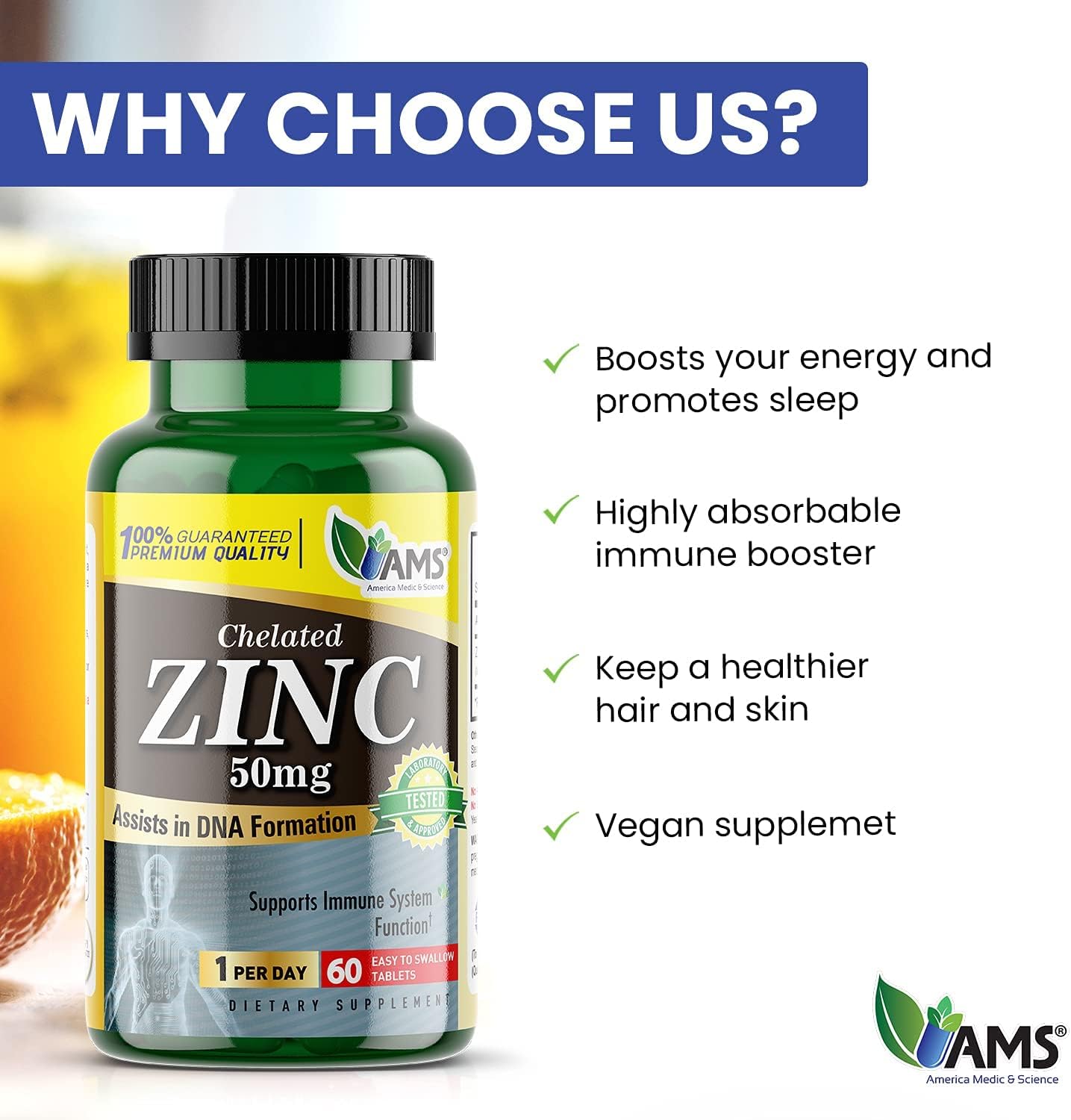 Chelated Zinc 50mg Immune Booster & Antioxidant Supplement (5 Pack, 60 Tablets) for Adults - Highly Absorbable Mineral, Mood & Sleep Support
