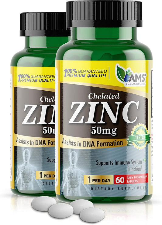 Chelated Zinc 50mg Supplements 2 Pack - Immune Booster & Antioxidant Pills for Adults - Highly Absorbable Mineral, Mood & Sleep Support