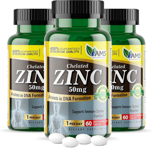 Chelated Zinc 50mg Supplements 3 Pack - Immune Booster & Antioxidant for Adults - Highly Absorbable Mineral, Mood & Sleep Support