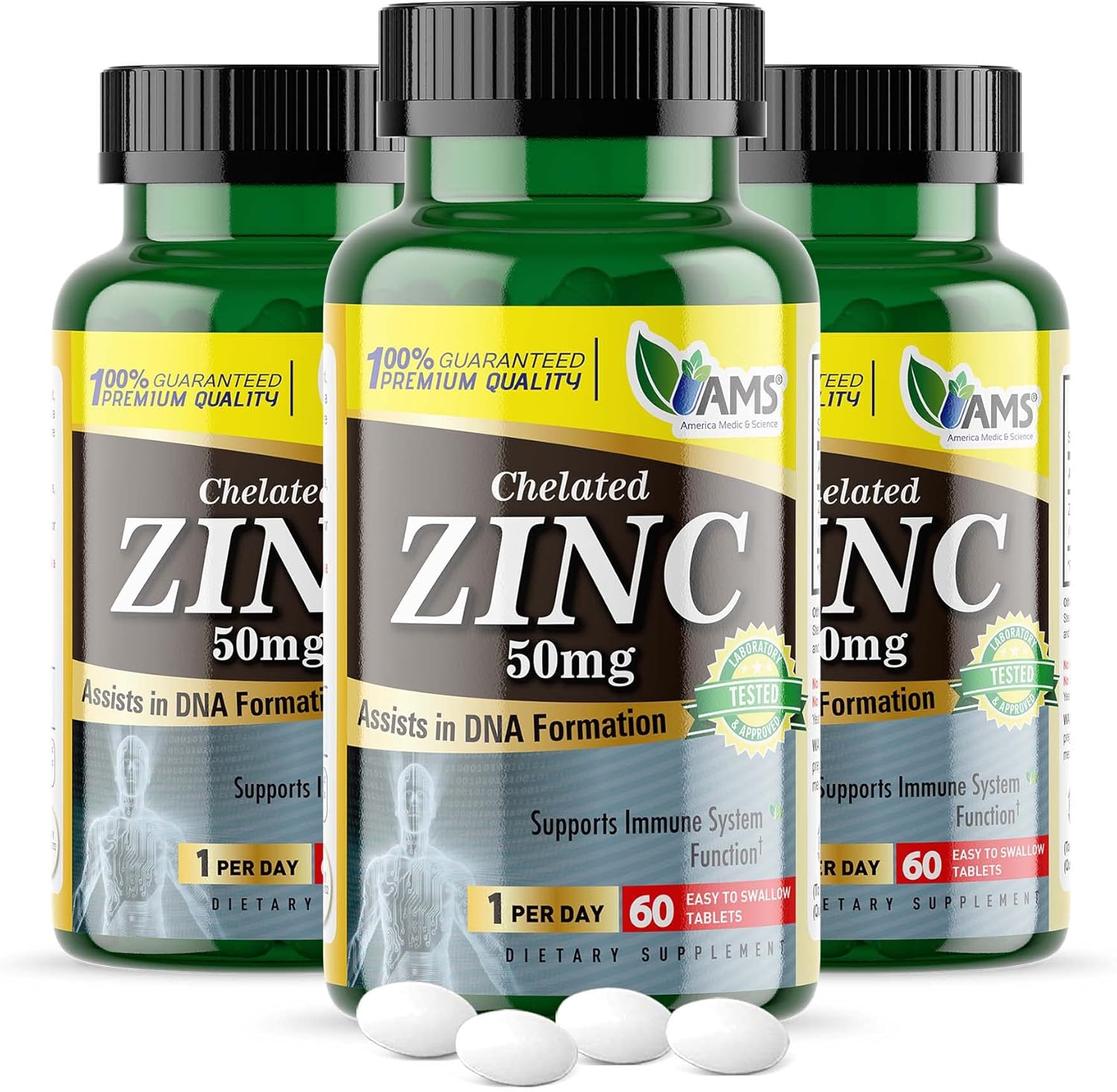 Chelated Zinc 50mg Supplements 3 Pack - Immune Booster & Antioxidant for Adults - Highly Absorbable Mineral, Mood & Sleep Support
