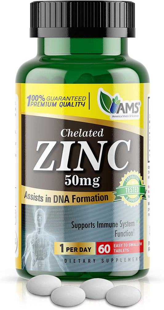 Chelated Zinc 50mg Supplements for Immune Support & Antioxidant Boost (60 Tablets) - Highly Absorbable Mineral for Better Mood & Sleep - America Medic & Science