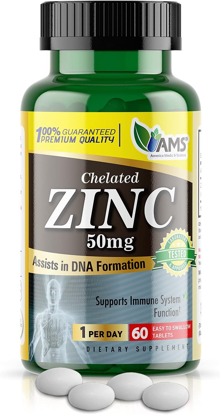 Chelated Zinc 50mg Supplements for Immune Support & Antioxidant Boost (60 Tablets) - Highly Absorbable Mineral for Better Mood & Sleep - America Medic & Science