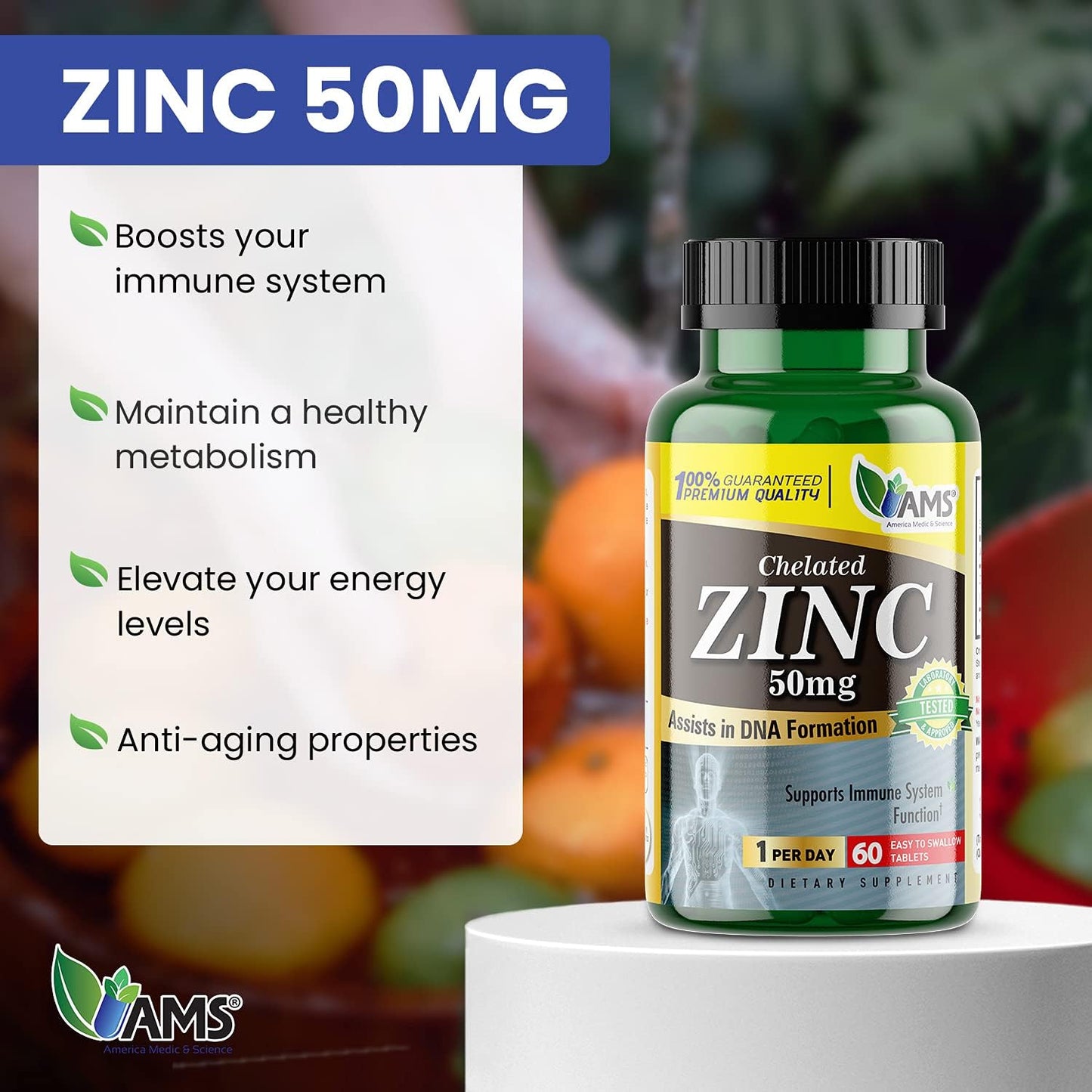 Chelated Zinc 50mg Supplements for Immune Support & Antioxidant Boost (60 Tablets) - Highly Absorbable Mineral for Better Mood & Sleep - America Medic & Science