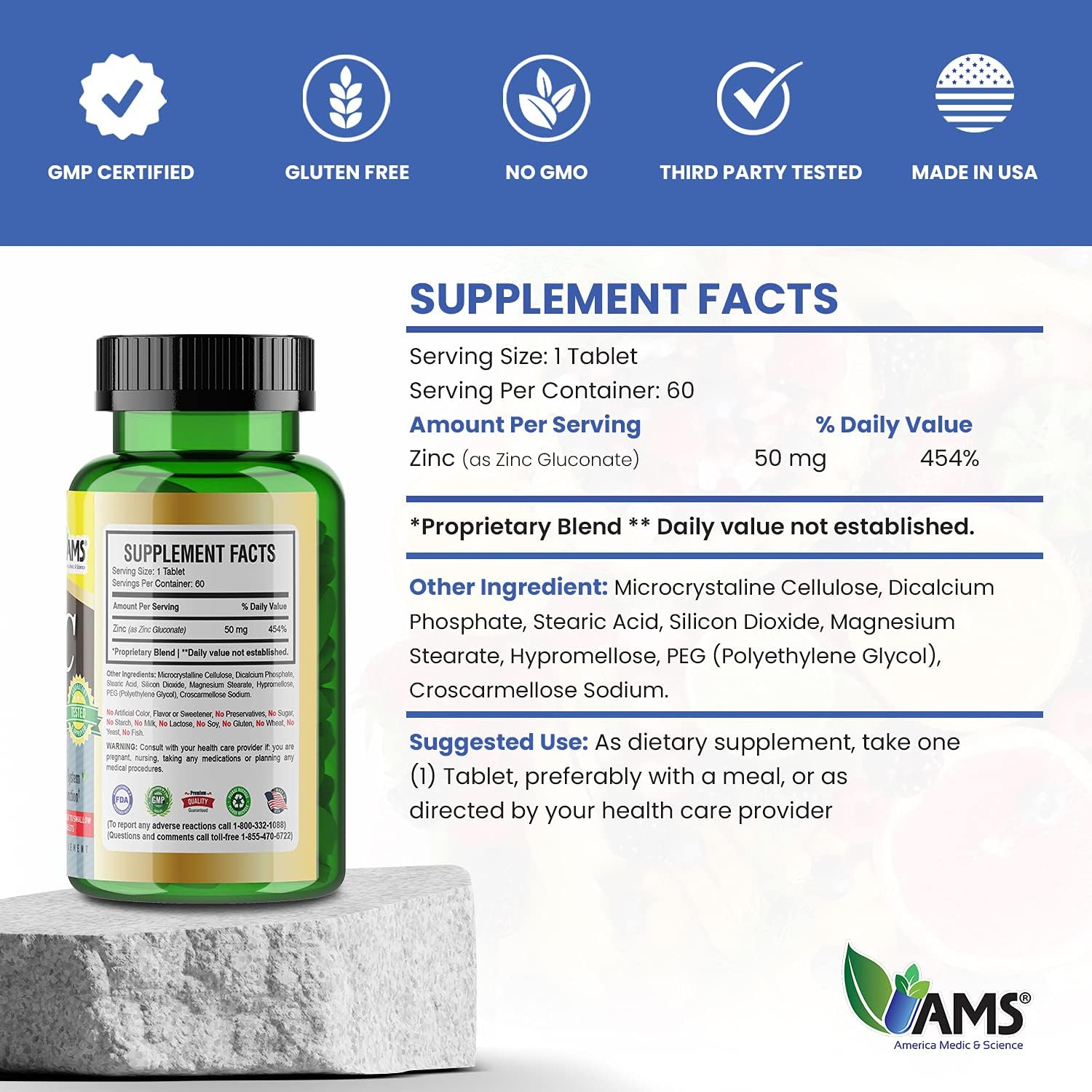 Chelated Zinc 50mg Supplements for Immune Support & Antioxidant Boost (60 Tablets) - Highly Absorbable Mineral for Better Mood & Sleep - America Medic & Science