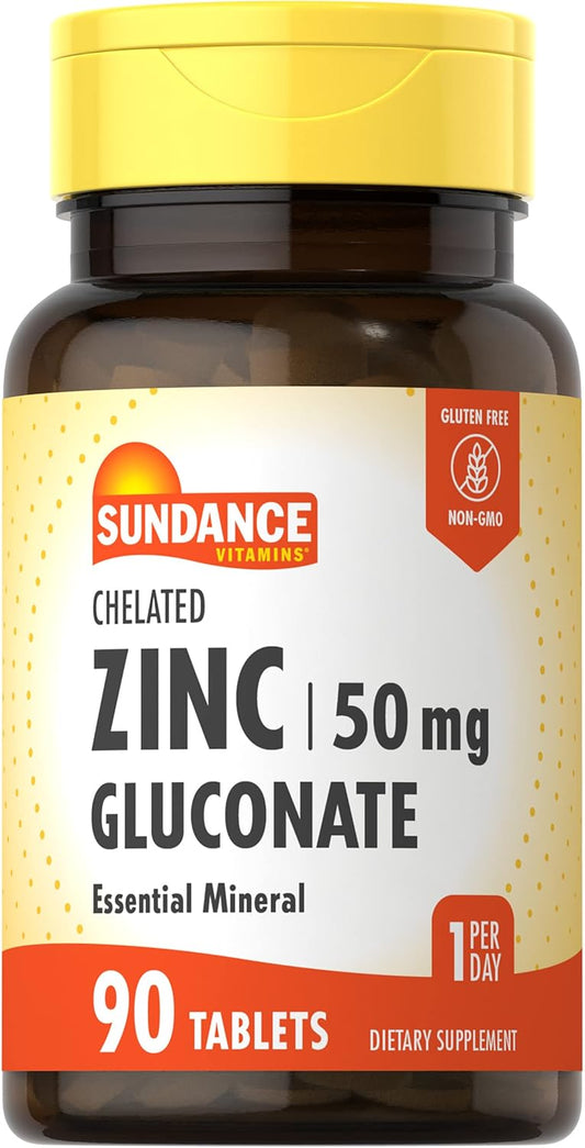 Chelated Zinc Gluconate 50mg Tablets - 90 Count - Vegetarian, Non-GMO, Gluten Free Supplement by Sundance