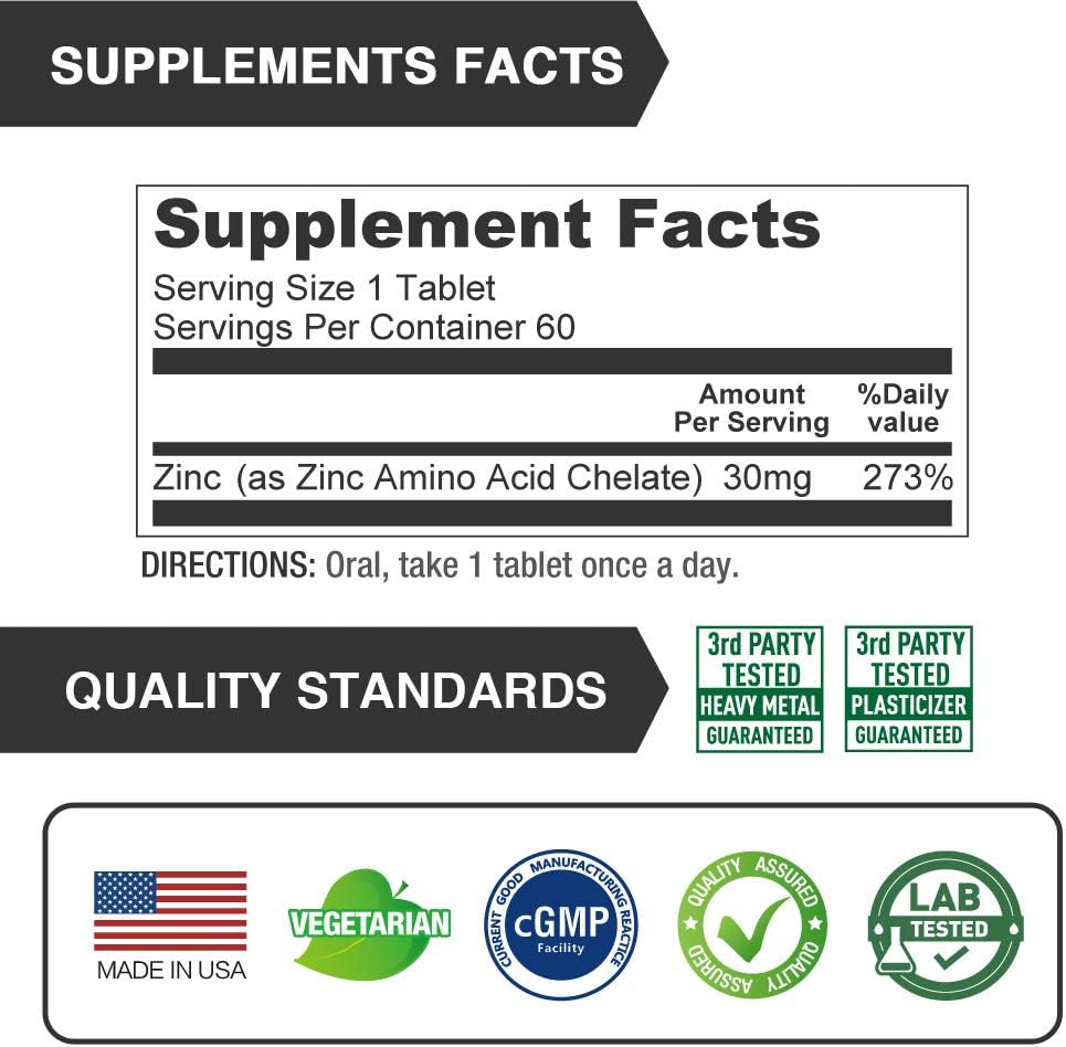 Chelated Zinc Supplements 30mg for Immune Support & Healthy Skin | Vegan & Non GMO | 60 Tablets