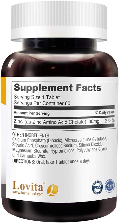 Chelated Zinc Supplements 30mg for Immune Support & Healthy Skin | Vegan & Non GMO | 60 Tablets