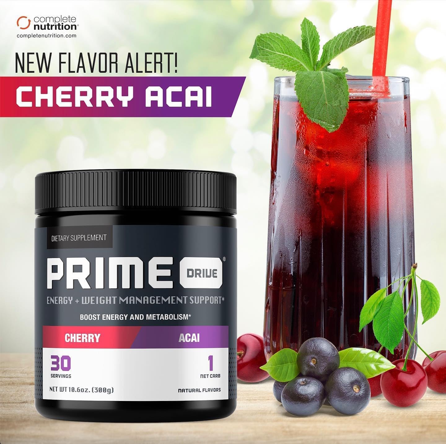 Cherry Acai Prime Drive Energy Pre Workout Drink Powder - Boosts Metabolism, Enhances Energy and Focus (30 Servings)