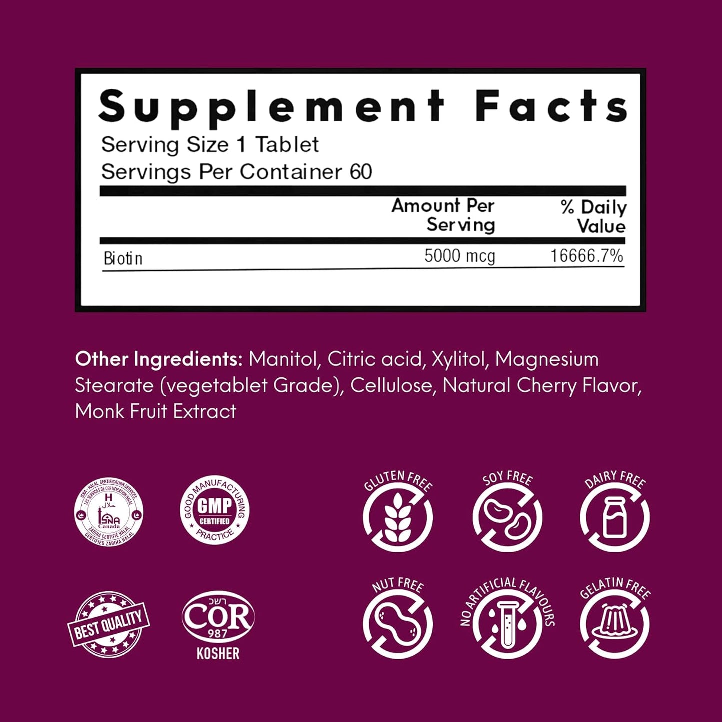 Cherry Flavored Biotin 5000 mcg Quick Dissolving Tablets - Supports Hair Growth, Healthy Nails & Skin - 60 Tablets
