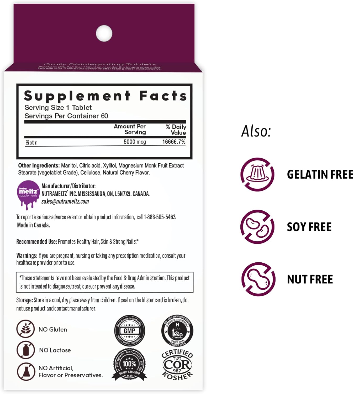 Cherry Flavored Biotin 5000 mcg Quick Dissolving Tablets - Supports Hair Growth, Healthy Nails & Skin - 60 Tablets