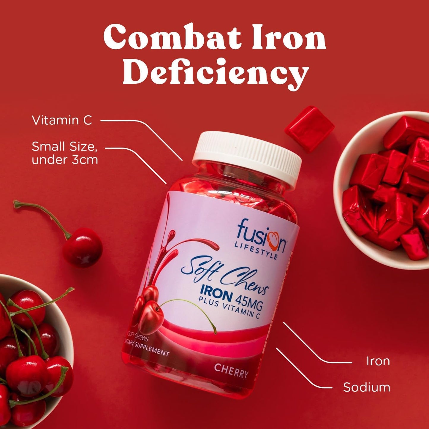 Cherry Flavored Chewable Iron Supplement for Women & Men - High Absorption Iron Vitamin C Soft Chews with Ferrous Fumarate - Ideal for Anemia & Iron Deficiency - 2 Month Supply
