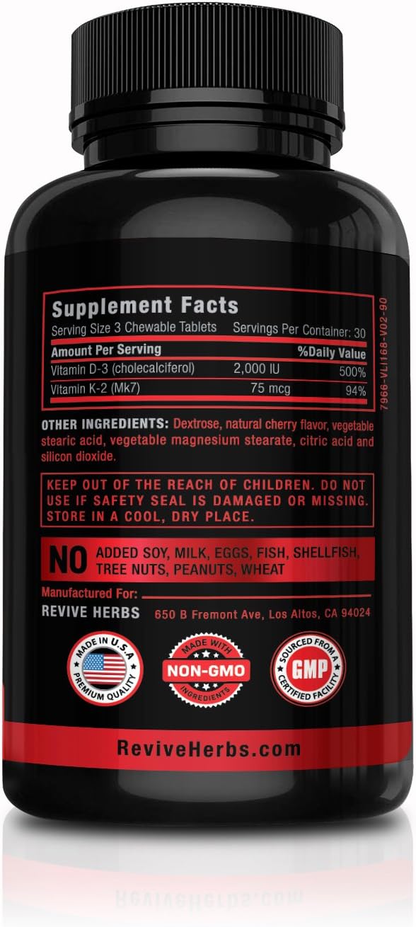 Cherry Flavored Chewable Tablets for Enhanced Calcium Absorption - Bone & Cardiovascular Health Support - Vitamin K2 D3 Supplement with High Potency K2 mk7 225 mcg, D3 6000 IU