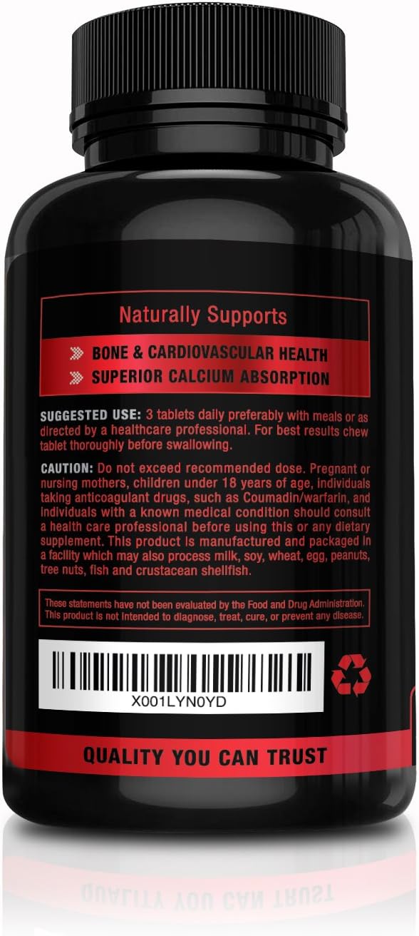 Cherry Flavored Chewable Tablets for Enhanced Calcium Absorption - Bone & Cardiovascular Health Support - Vitamin K2 D3 Supplement with High Potency K2 mk7 225 mcg, D3 6000 IU