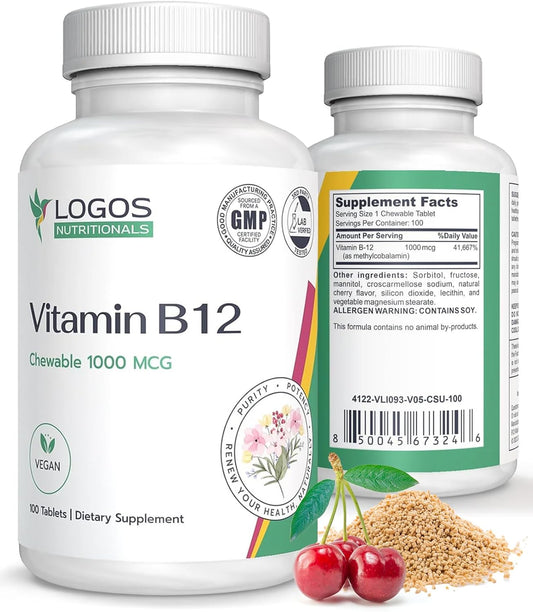 Cherry-Flavored Chewable Vitamin B-12 1000 Mcg Tablets for Healthy Brain Function, Memory, Hair, Skin & Nails