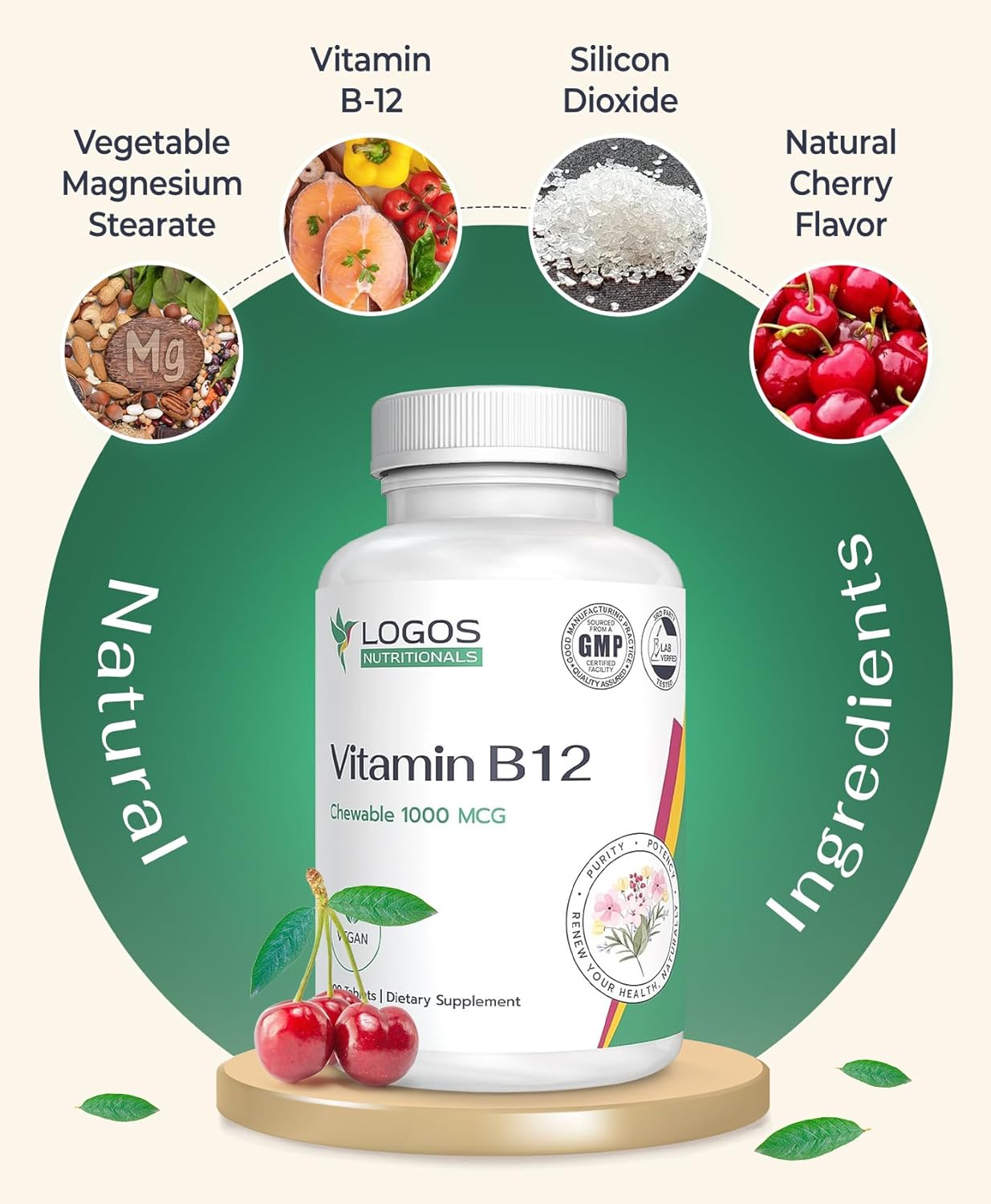 Cherry-Flavored Chewable Vitamin B-12 1000 Mcg Tablets for Healthy Brain Function, Memory, Hair, Skin & Nails