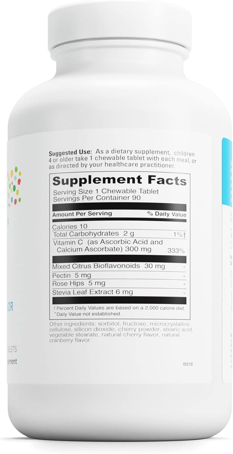 Cherry Flavored Chewable Vitamin C for Kids with Pectin and Rose Hips - 90 Tablets for Immune Support & Overall Wellness