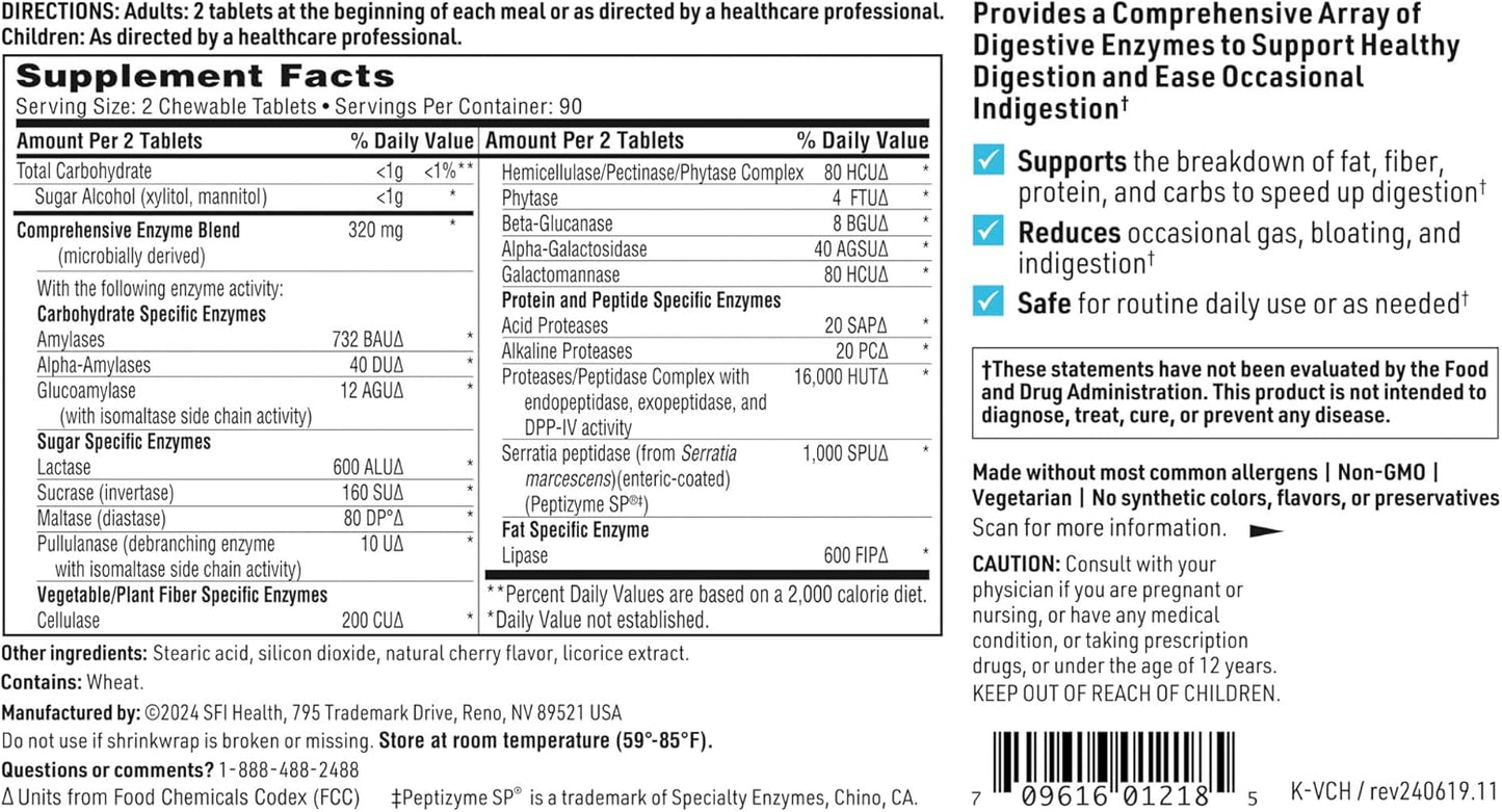 Cherry-Flavored Digestive Enzymes for Adults & Kids - Supports Digestion - Reduce Gas & Bloating - 180 Chewables