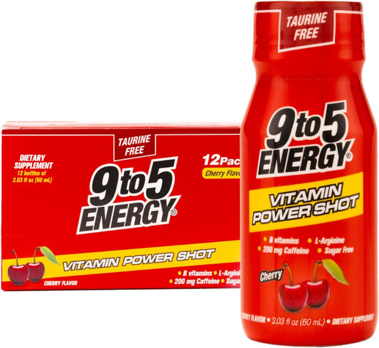 Cherry Flavored Energy Shot - Taurine and Sugar Free, 12 Pack, 2.03 fl oz - Boost Energy and Focus with B Vitamins and L-Arginine